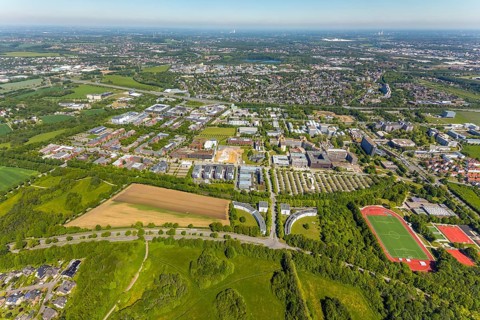 Aerial view, Dortmund University of Technology and Technology Park, construction site and new