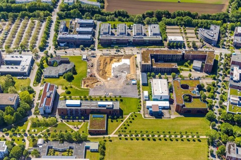 Aerial view, Dortmund University of Technology, construction site of new refrigeration plant in