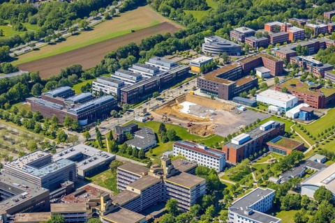 Aerial view, Technical University Dortmund, construction site new refrigeration plant in Dortmund