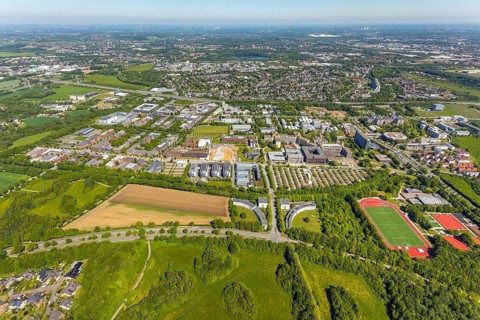 Aerial view, Dortmund University of Technology and Technology Park, construction site and new
