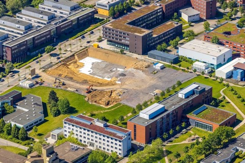 Aerial view, Dortmund University of Technology, construction site of new refrigeration plant in
