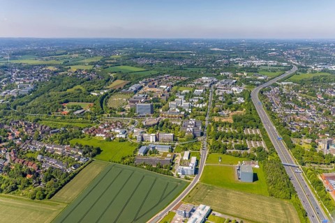 Aerial view, Dortmund University of Technology and Technology Park, construction site and new