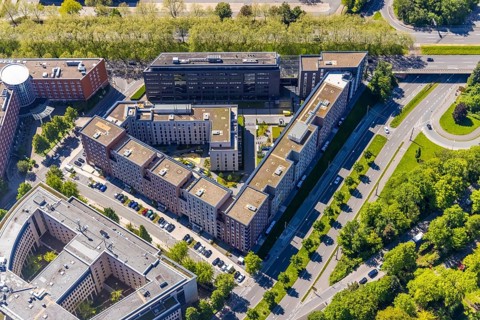 Aerial view, Berswordt-Quartier, Berswordt-Carrée, Berswordtstraße, Westfalenhalle, Dortmund, Ruhr