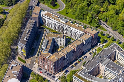 Aerial view, Berswordt-Quartier, Berswordt-Carrée, Berswordtstraße, Westfalenhalle, Dortmund, Ruhr