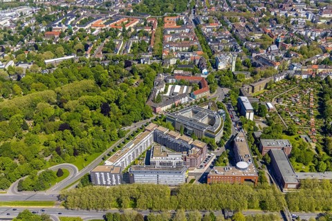 Aerial view, Berswordt-Quartier, Berswordt-Carrée, Berswordtstraße, Westfalenhalle, Dortmund, Ruhr