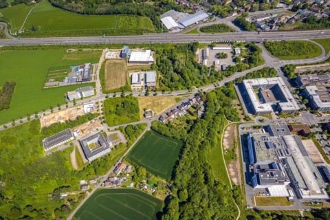 Aerial view, Dortmund Technology Park, construction site and new building, Sebrathweg office