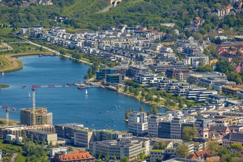 Aerial view, Phoenix-See, Ruhrallee, Dortmund, Ruhr area, North Rhine-Westphalia, Germany, DE,
