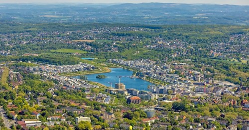 Aerial view, Phoenix Lake, Ruhrallee, Dortmund, Ruhr area, North Rhine-Westphalia, Germany, DE,