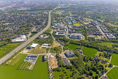 Aerial view, Dortmund University of Technology and Dortmund Technology Park, construction site and