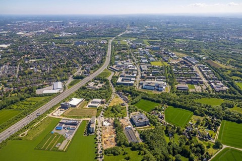 Aerial view, Dortmund University of Technology and Dortmund Technology Park, construction site and