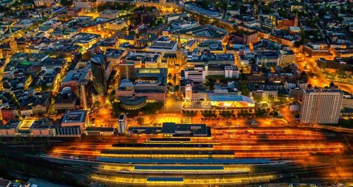 Aerial view, Dortmund main station and city centre, Harenberg City-Center, RWE Tower, German