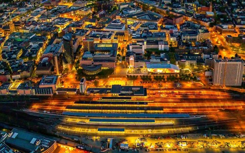 Aerial view, Dortmund main station and city centre, Harenberg City-Center, RWE Tower, German