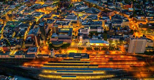 Aerial view, Dortmund main station and city centre, Harenberg City-Center, RWE Tower, German