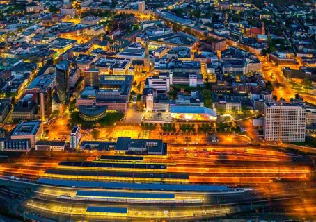 Aerial view, Dortmund main station and city centre, Harenberg City-Center, RWE Tower, German