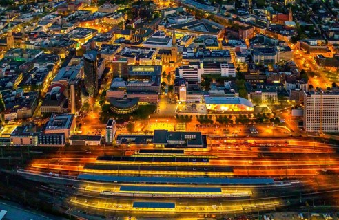Aerial view, Dortmund main station and city centre, Harenberg City-Center, RWE Tower, German