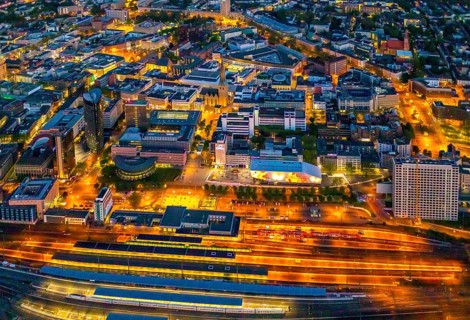 Aerial view, Dortmund main station and city centre, Harenberg City-Center, RWE Tower, German