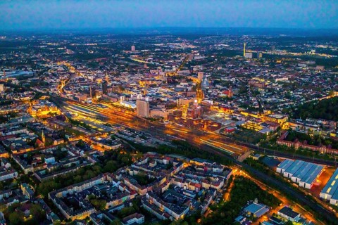 Aerial view, Dortmund main station and city centre, Dortmund U-Tower, city, Dortmund, Ruhr area,
