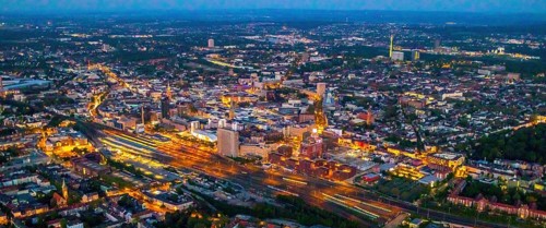 Aerial view, Dortmund main station and city centre, Dortmund U-Tower, city, Dortmund, Ruhr area,