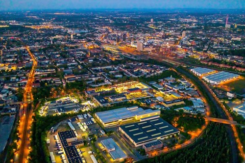 Aerial view, Hafen-Süd commercial area, Dortmund main station and city centre, Dortmund U-Tower,