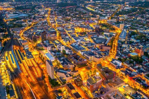 Aerial view, Dortmund main station and city centre, Harenberg City-Center, RWE Tower, German