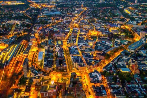 Aerial view, Dortmund main station and city centre, Harenberg City-Center, RWE Tower, German