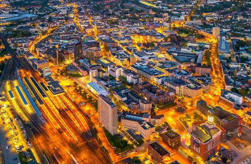 Aerial view, Dortmund main station and city centre, Harenberg City-Center, RWE Tower, German