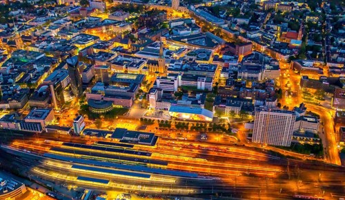 Aerial view, Dortmund main station and city centre, Harenberg City-Center, RWE Tower, German