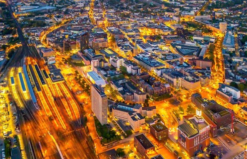 Aerial view, Dortmund main station and city centre, Harenberg City-Center, RWE Tower, German