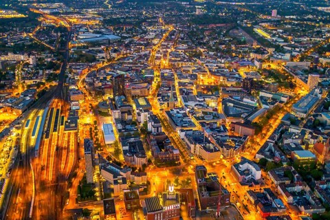 Aerial view, Dortmund main station and city centre, Harenberg City-Center, RWE Tower, German