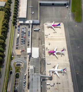 Aerial photo, Dortmund Airport, EDLW, Wickede, apron with two Wizzair jets and a Eurowings