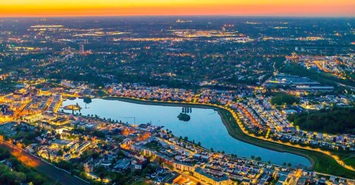 Aerial view, Phoenix Lake, Hörde, Dortmund, Ruhr area, North Rhine-Westphalia, Germany, sunset, DE,