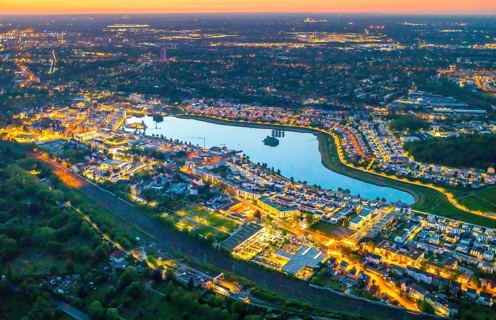 Aerial view, Phoenix Lake, Hörde, Dortmund, Ruhr area, North Rhine-Westphalia, Germany, sunset, DE,