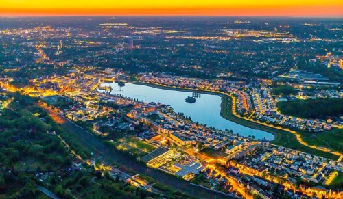 Aerial view, Phoenix Lake, Hörde, Dortmund, Ruhr area, North Rhine-Westphalia, Germany, sunset, DE,