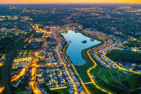 Aerial view, Phoenix Lake and Florian Tower, Hörde, Dortmund, Ruhr area, North Rhine-Westphalia,