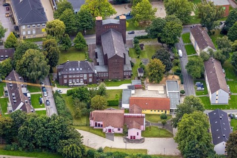 Aerial view, St. Charles Borromeo Catholic Church in the Dorstfeld district of Dortmund, Ruhr area,