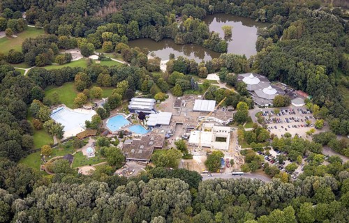 Aerial view, construction site at the brine bath in the Revierpark Wischlingen in the district