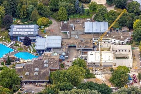 Aerial view, construction site at the brine bath in the Revierpark Wischlingen in the district