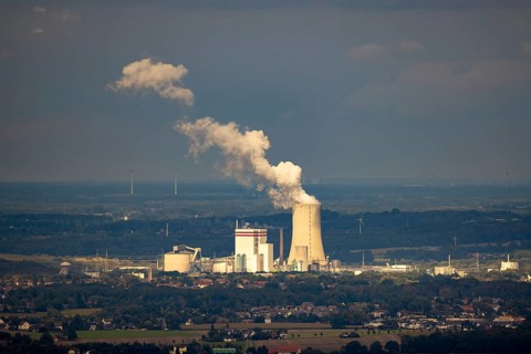 Aerial view, distant view to Trianel coal-fired power plant Lünen and smoke cloud with view from