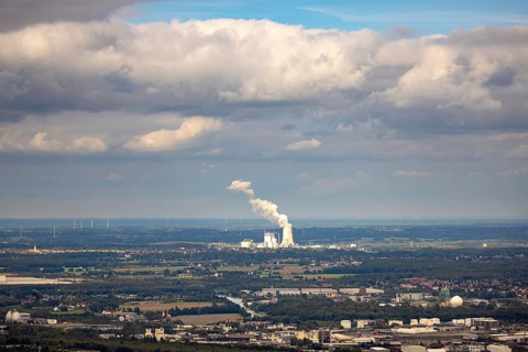 Aerial view, distant view to Trianel coal-fired power plant Lünen and smoke cloud with view from