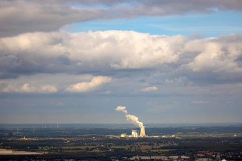 Aerial view, distant view to Trianel coal-fired power plant Lünen and smoke cloud with view from