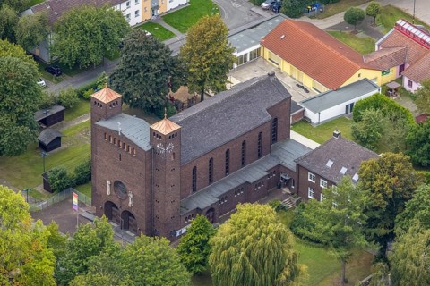 Aerial view, St. Charles Borromeo Catholic Church in the Dorstfeld district of Dortmund, Ruhr area,