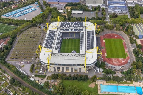 Aerial view, Signal Iduna Park Bundesliga stadium of BVB 09 and stadium Rote Erde in the district