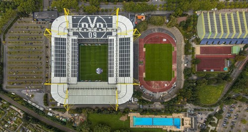 Aerial view, Signal Iduna Park Bundesliga stadium of BVB 09 and stadium Rote Erde in the district