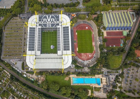 Aerial view, Signal Iduna Park Bundesliga stadium of BVB 09 and stadium Rote Erde in the district