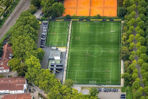 Aerial view, sports field and training facility BVB 09 Dortmund with the BVB Evonik football