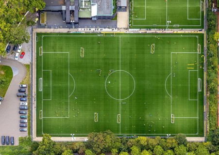 Aerial view, sports field and training facility BVB 09 Dortmund with the BVB Evonik football