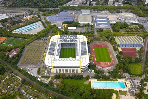 Aerial view, Signal Iduna Park Bundesliga stadium of BVB 09 and stadium Rote Erde in the district