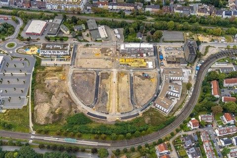 Aerial view, construction site Hombrucher Bogen for commercial areas and multi-family houses in the