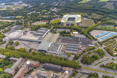 Aerial view, Signal Iduna Park Bundesliga stadium of BVB 09 and the Westfalenhallen in the Barop