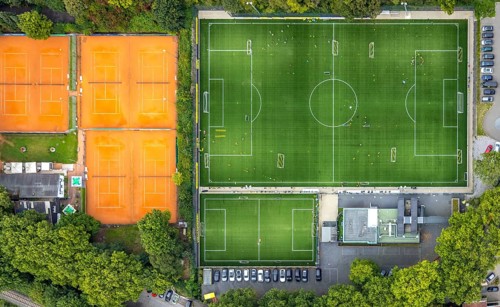 Aerial view, sports field and training facility BVB 09 Dortmund with the BVB Evonik football